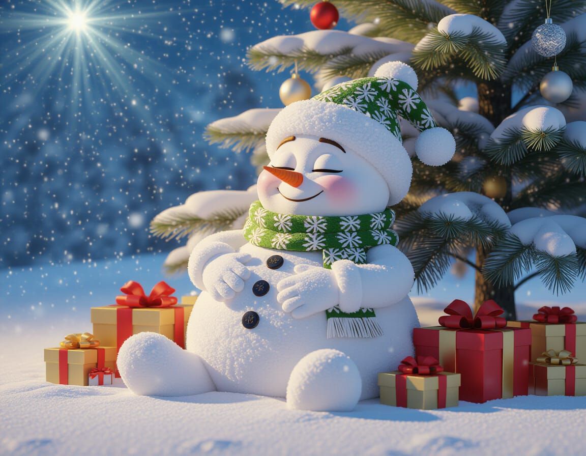 Fluffy Snowman Sleeps Under Christmas Tree in Diamond Painti...