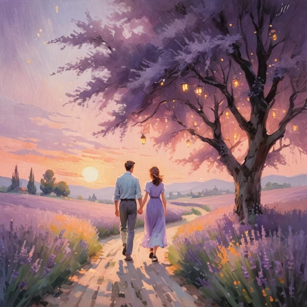 Impressionist Lavender Field Stroll at Dusk