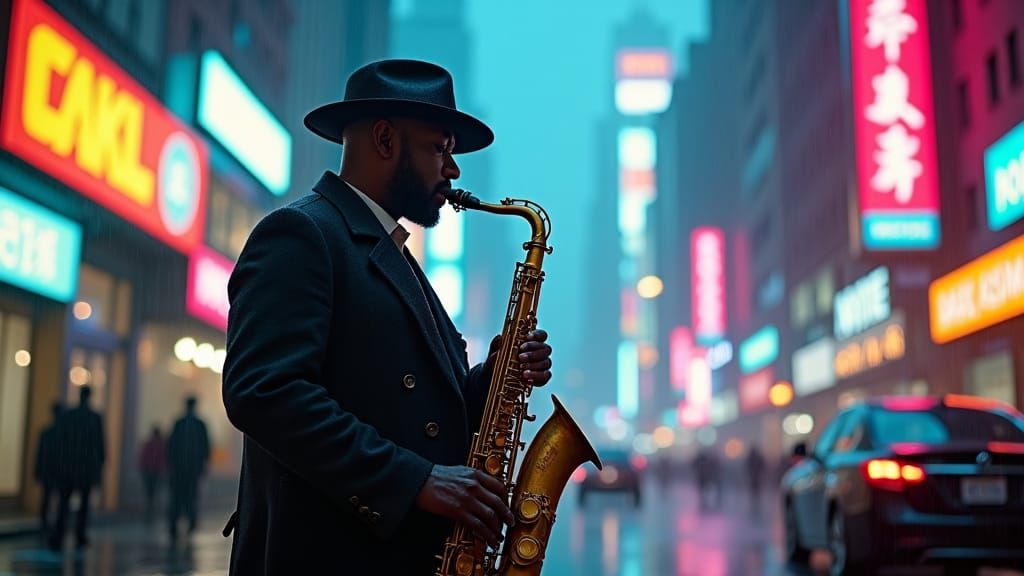 Cyberpunk Saxophonist in Rainy City Street
