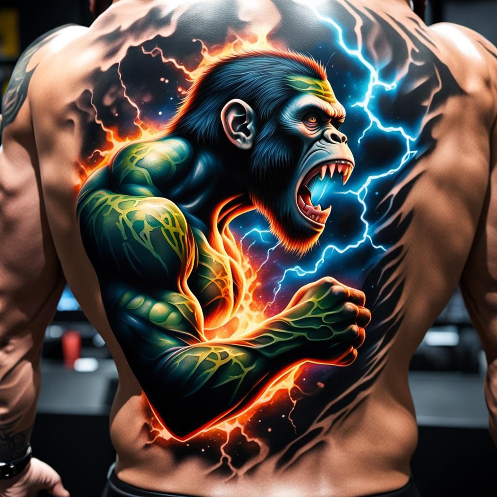 3D tattoo on wrestlers back of ape ripping through  back breathing glowing plasma , GeForce RTX, 2TB NVMe M.2 SSD, 6TB H...