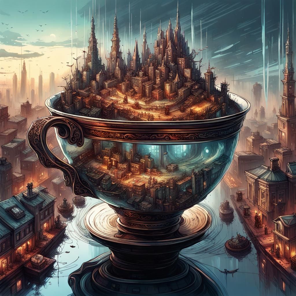 Aetherpunk City Inside Teacup: 8K Masterpiece