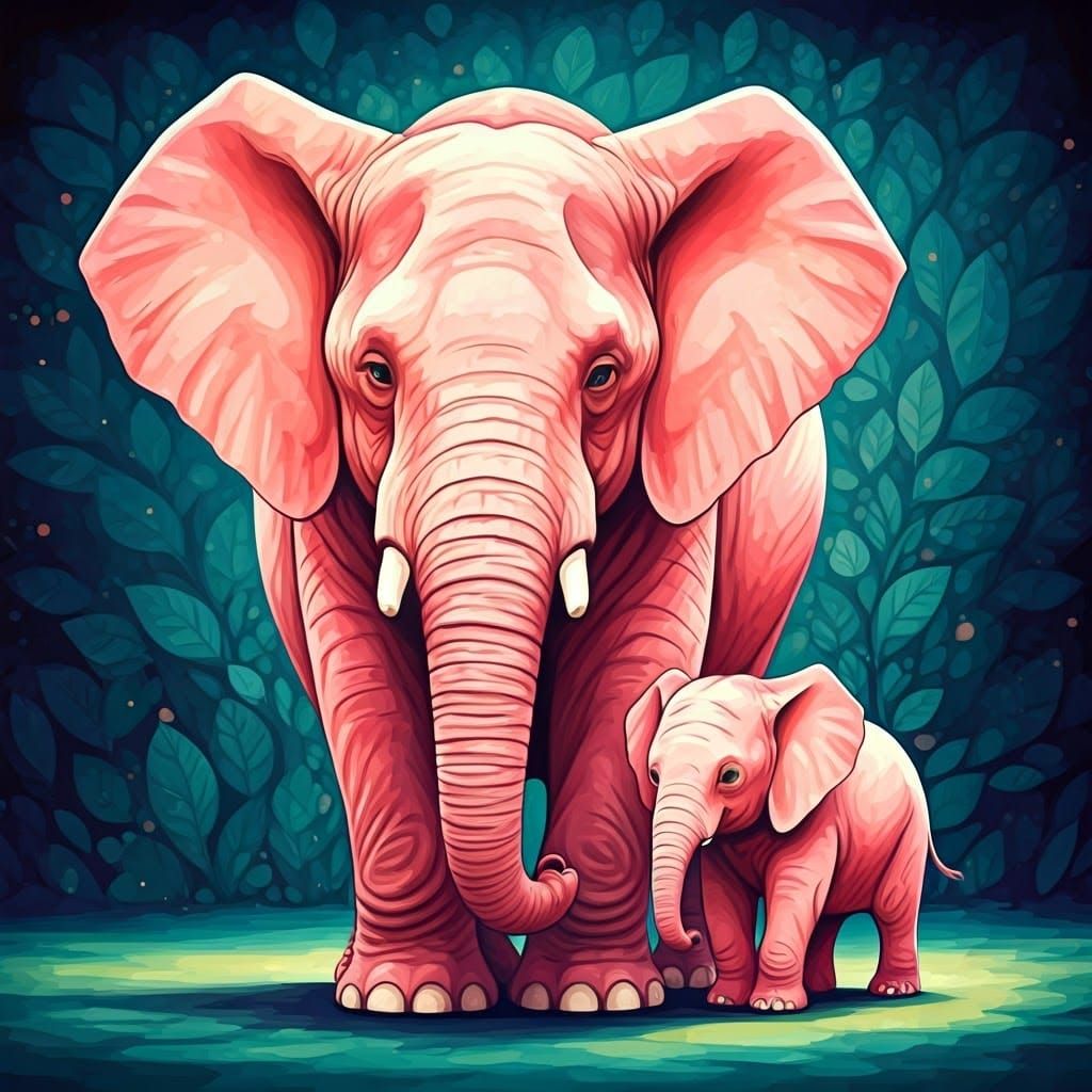 Pink Elephant Family: Watercolor Storybook Illustration