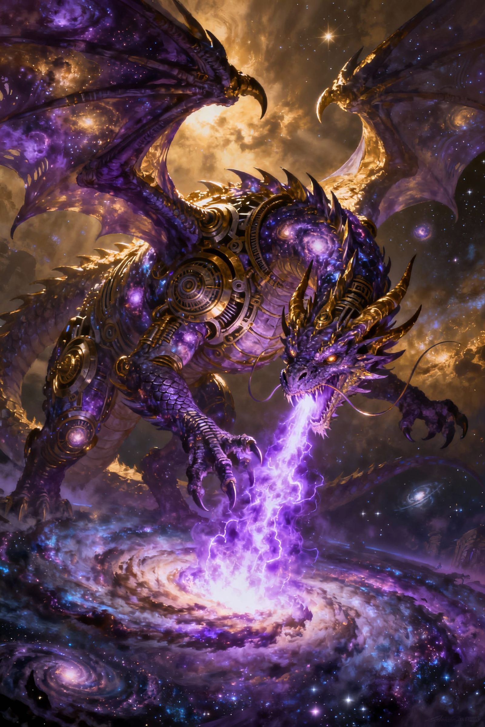 Cosmic Dragon of Galaxies and Gears Breathing Plasma Fire