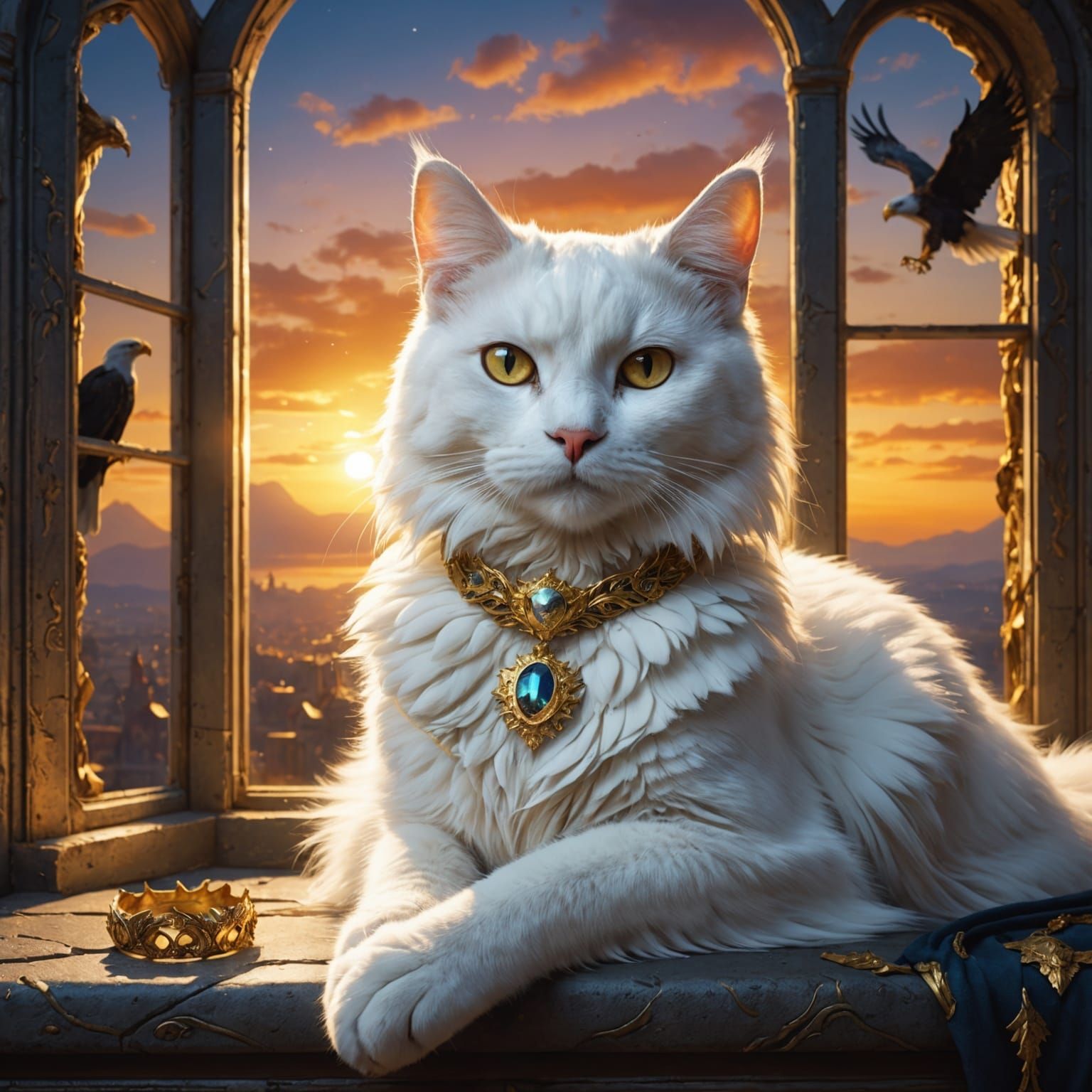 White Cat with Diadem at Sunset: Digital Art