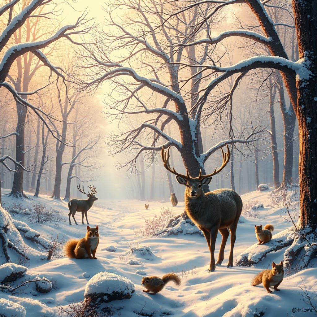 Winter Forest Idyll: Dreamy Landscape with Deer, Owls, and S...