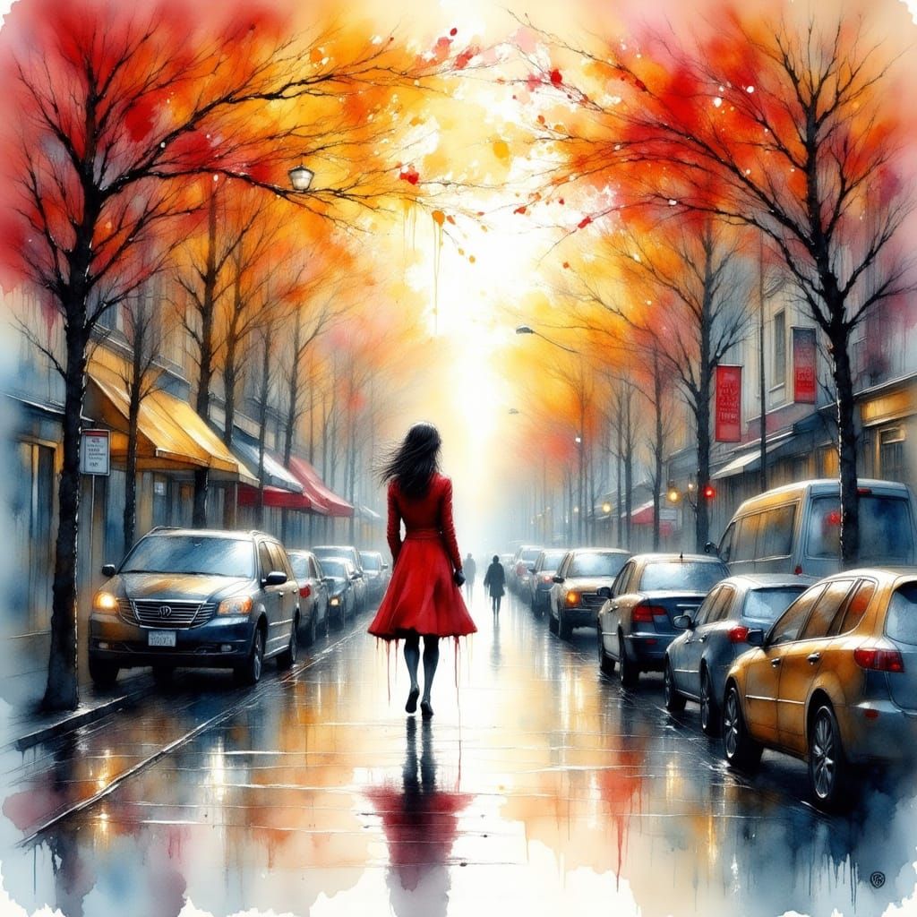Woman in Red Coat Walking on Rainy Autumn Street