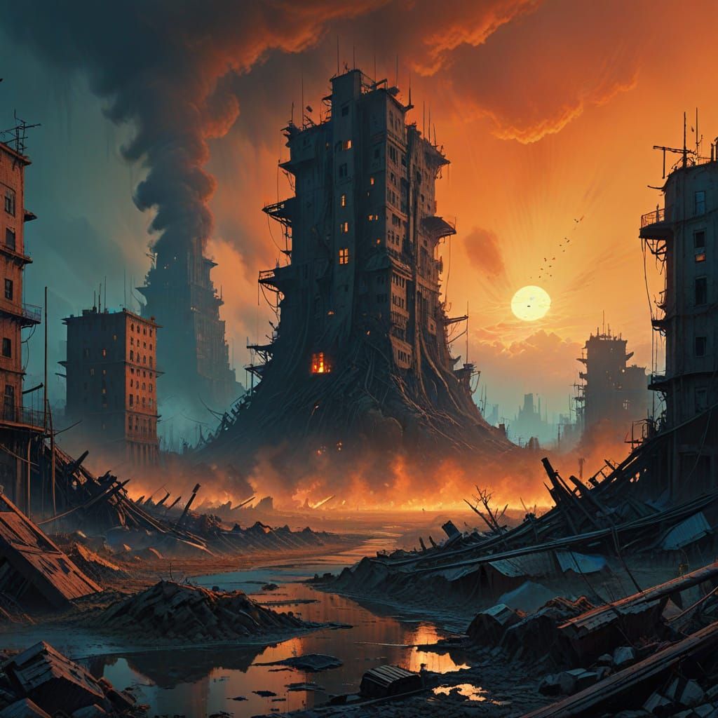 Dystopian Cityscape in Toxic Haze, Cyberpunk Style