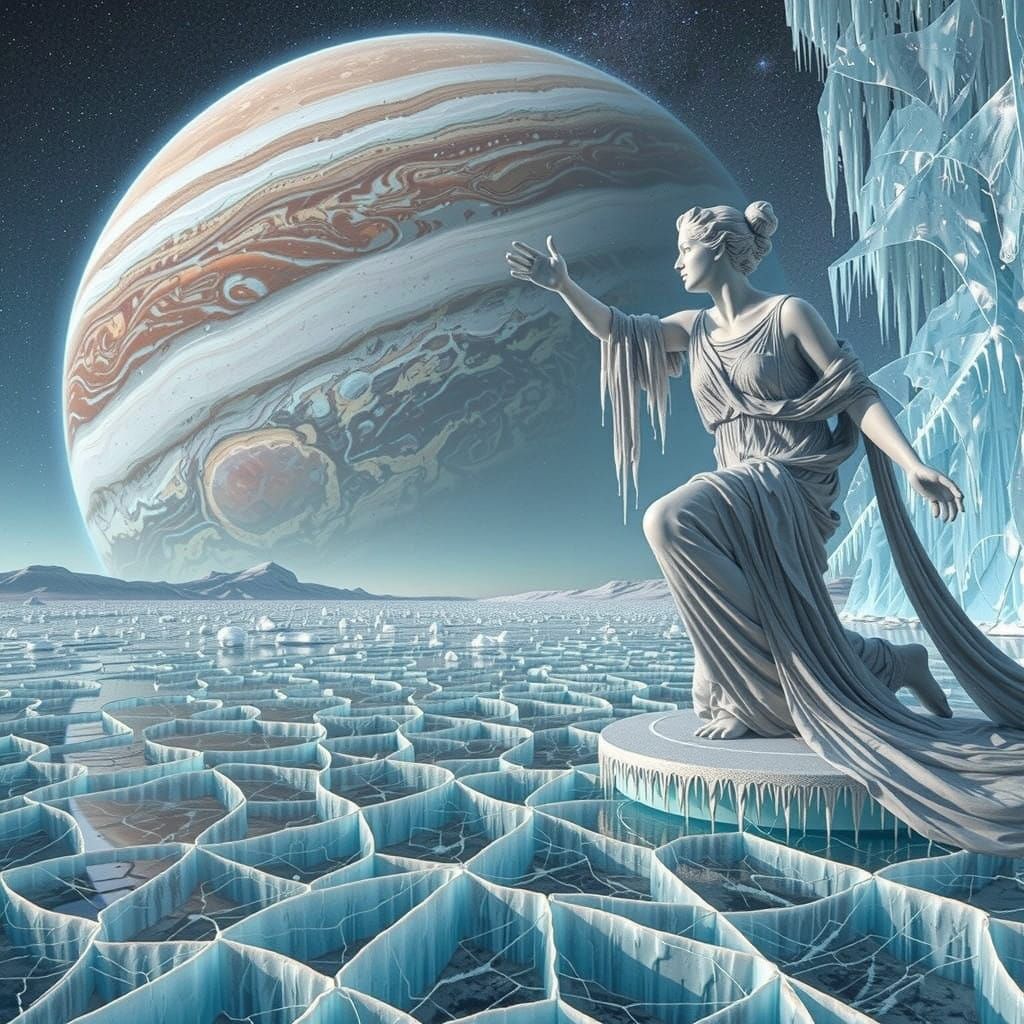 Europa's Frozen Goddess in Panoramic Ice Landscape
