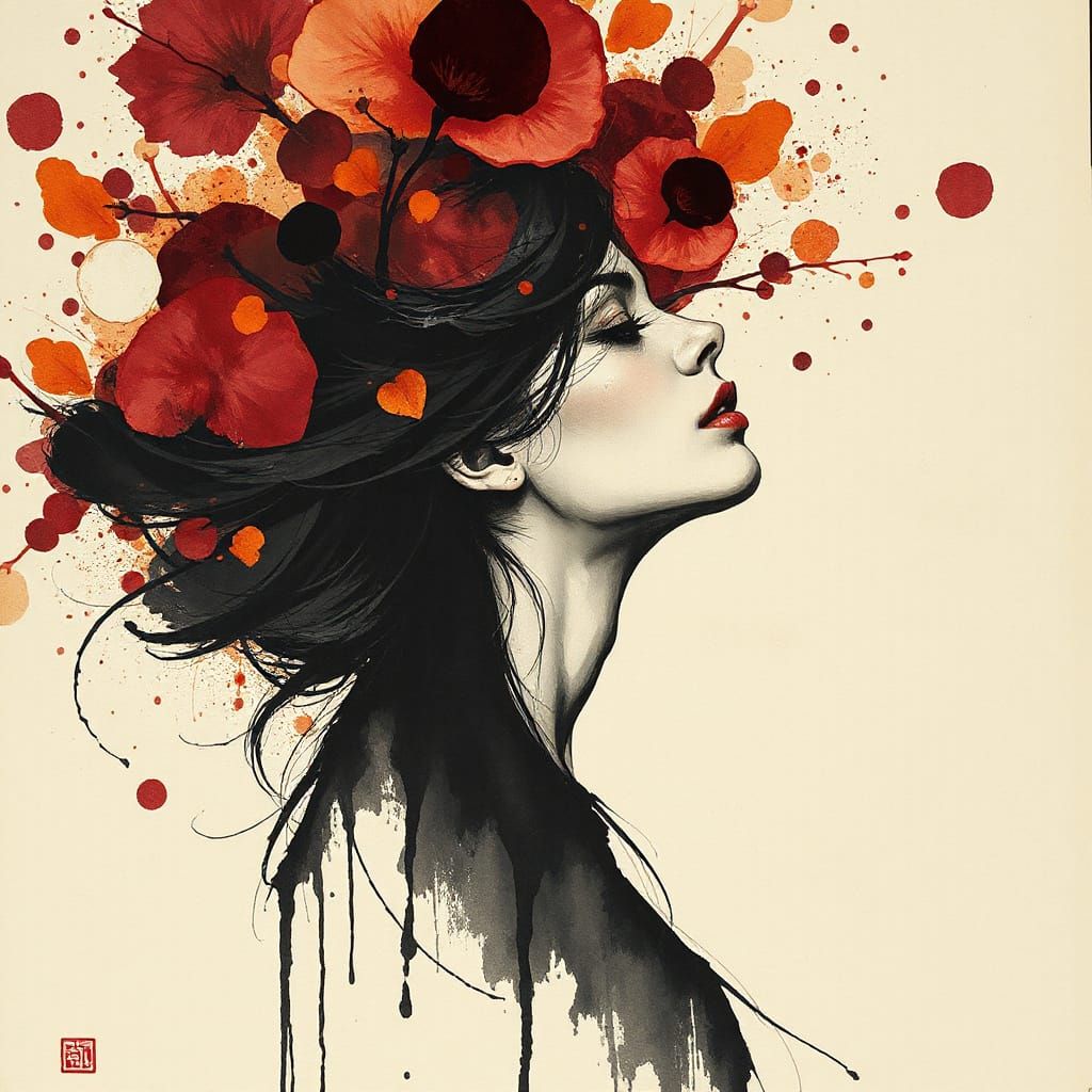 Ethereal Girl in Profile, Abstract Ink Art