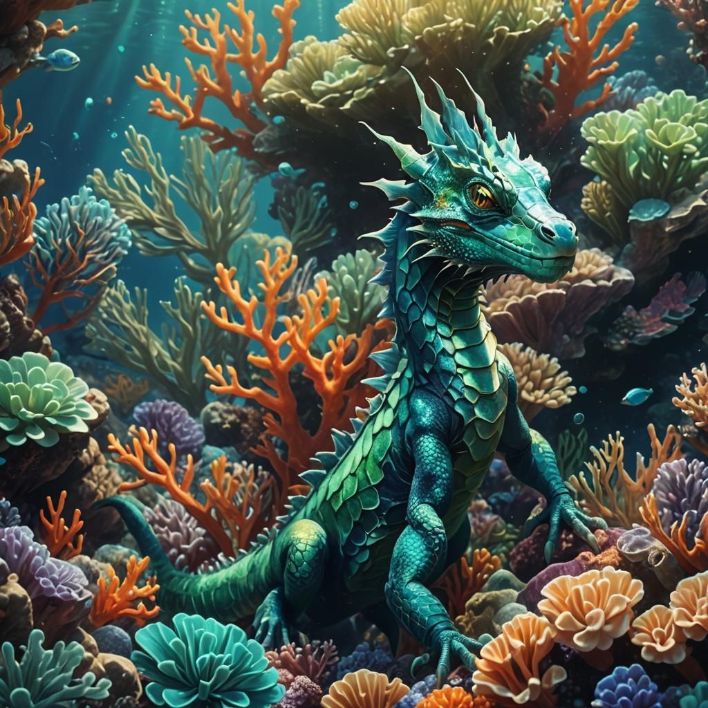 Water Dragon Swimming Through Coral Reef