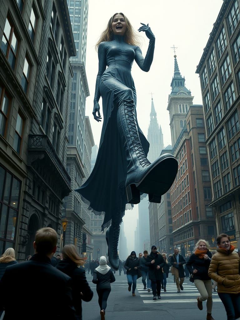 Giant Gothic Woman Tramples City Crowd With High Boot Heel