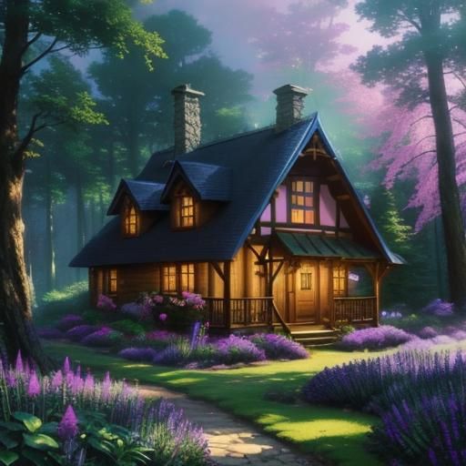 Ethereal Cottage in Forest with Colorful Flowers
