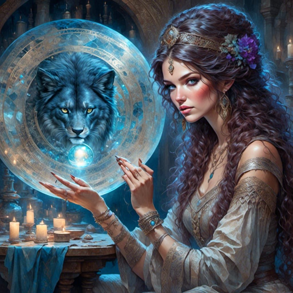 Witch Weaving Magic in Crystal Ball, Detailed Painting