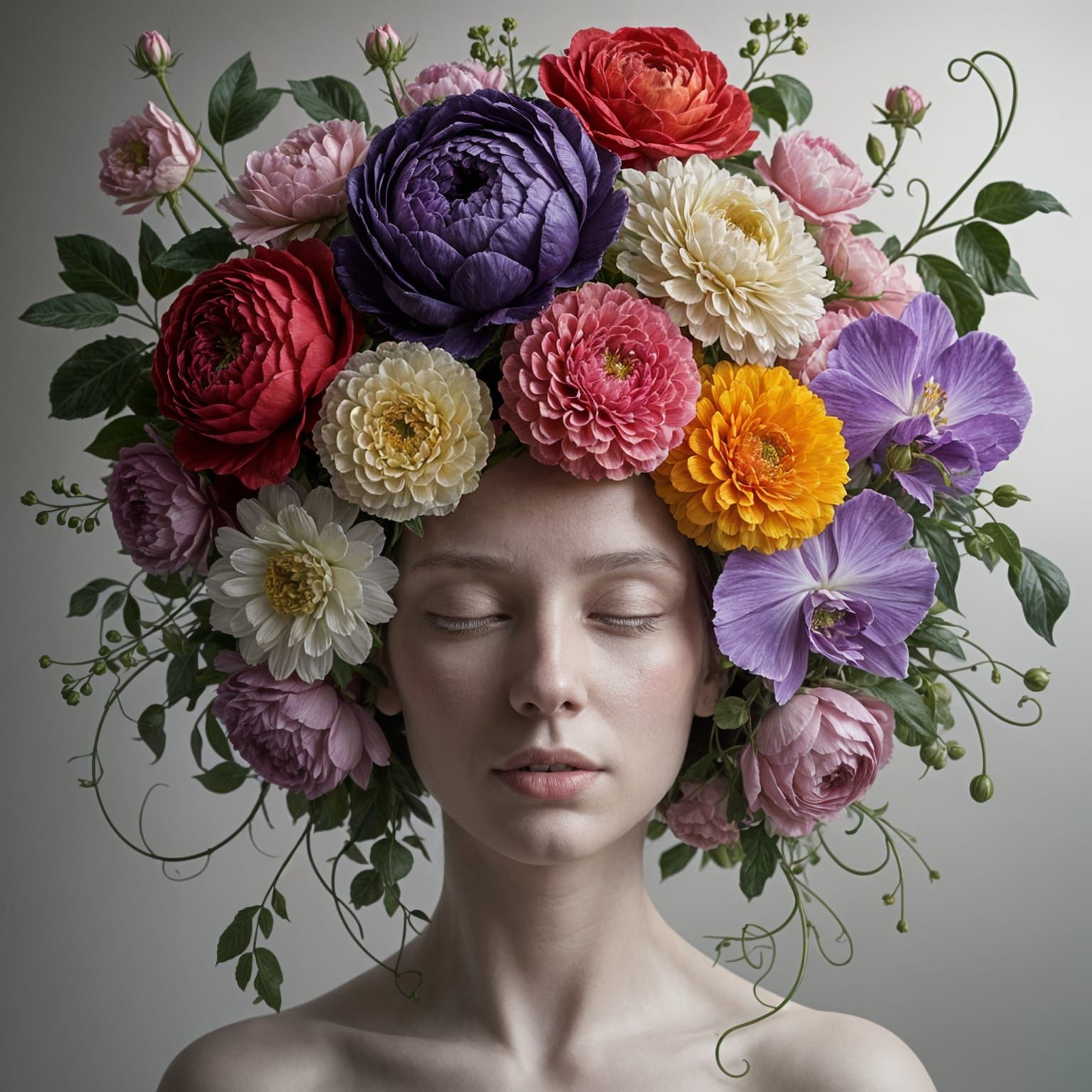 Woman with Porcelain Skin and Floral Crown