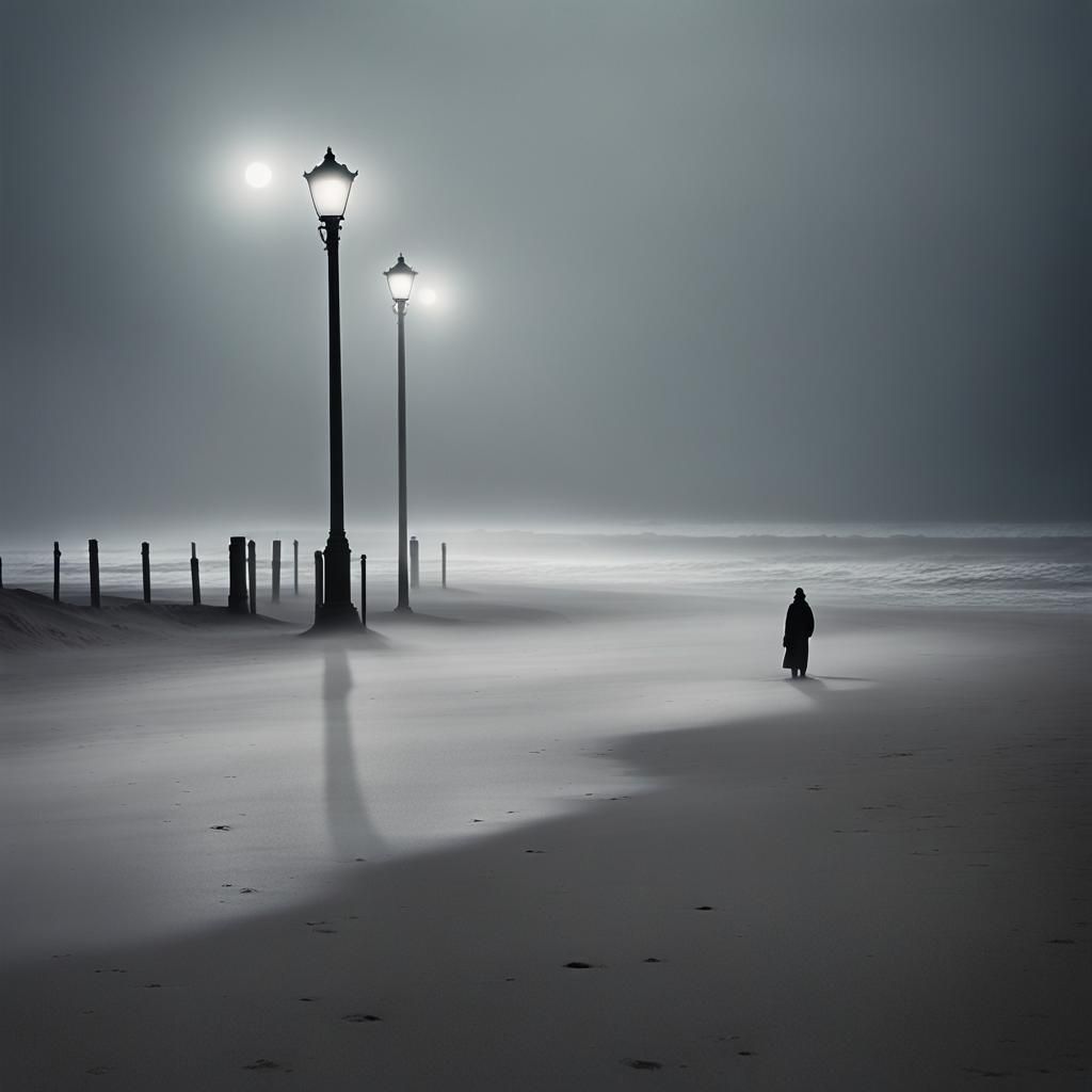 Atmospheric Fog Swirls on Desolate Beach at Night