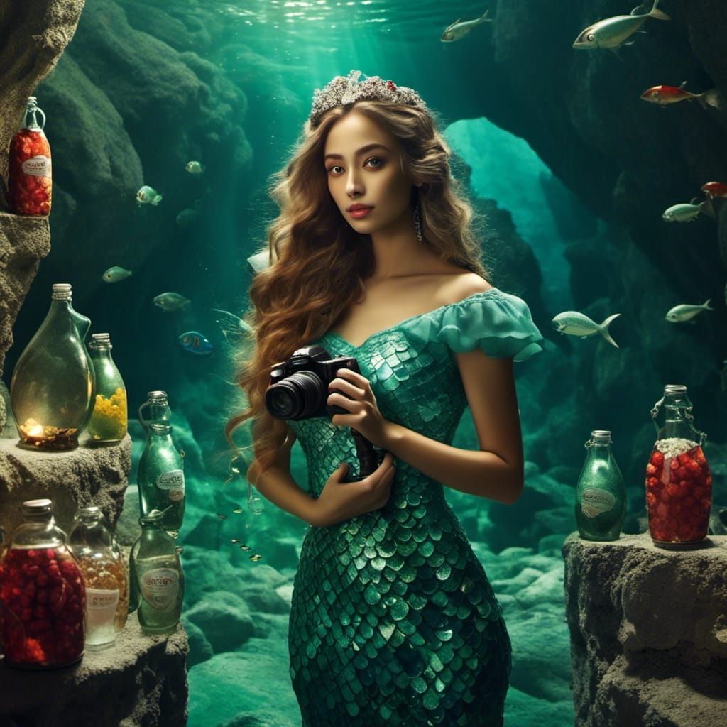 Mermaid Photographer in Underwater Cave, Vibrant Realism