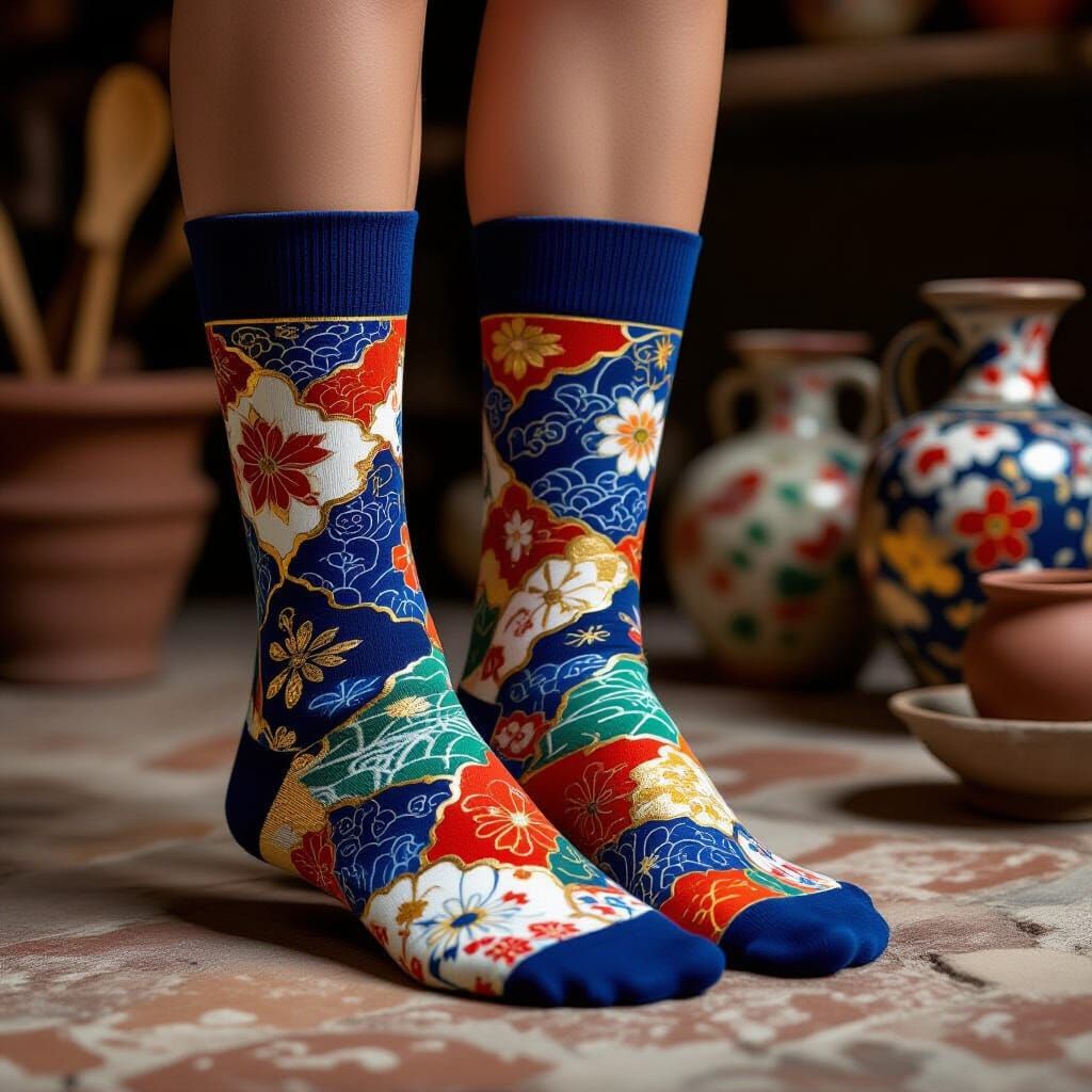 Feet in Socks with Japanese Pottery Design