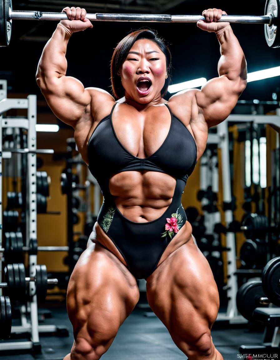Strong Plus Size Asian Bodybuilder Lifting in Gym