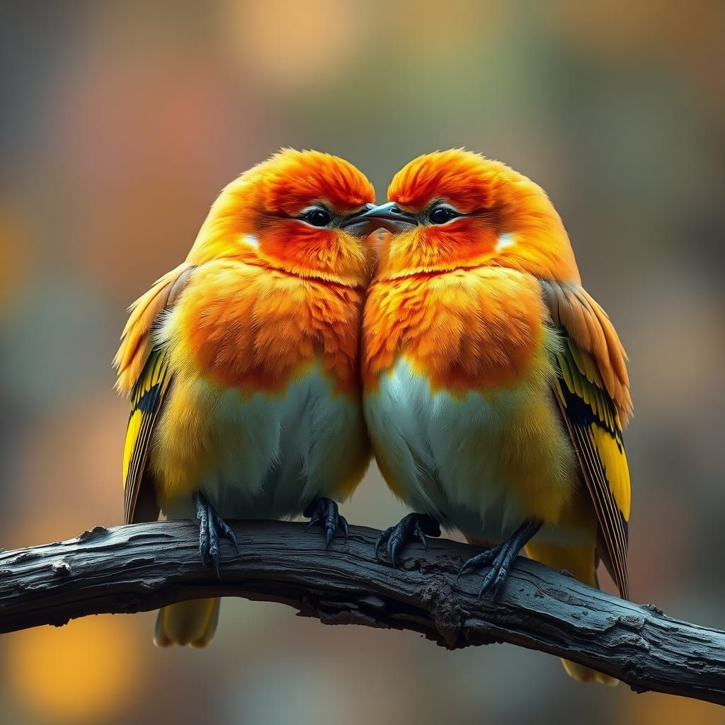Intimate Moment of Peach-Faced Love Birds in Vibrant, Hyperr...