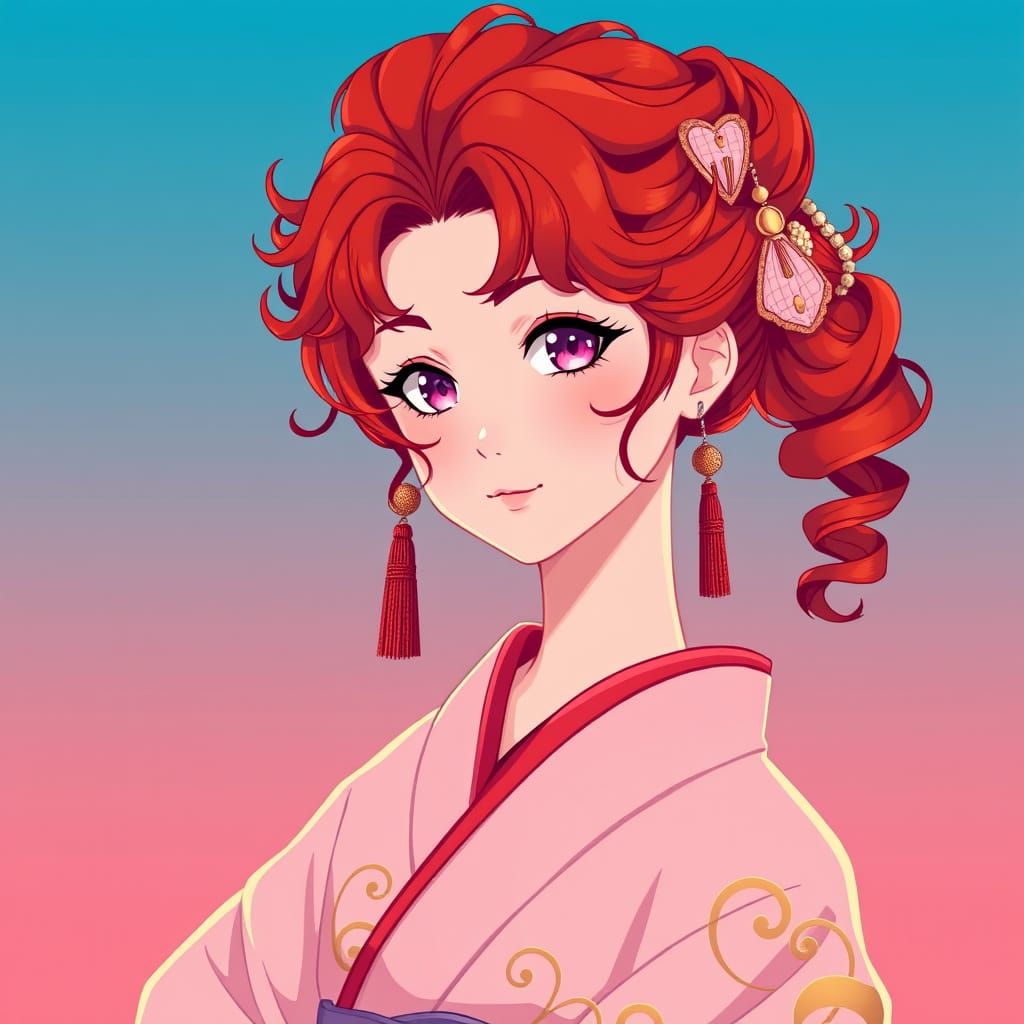 Japanese Anime Princess in Delicate Pink Kimono