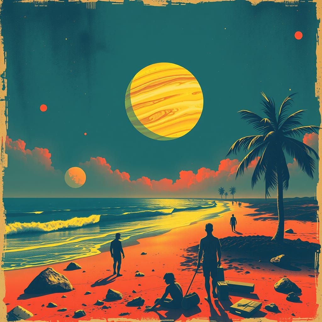 Retro Futuristic Beach Scene on Jupiter in a Vintage Aesthet...