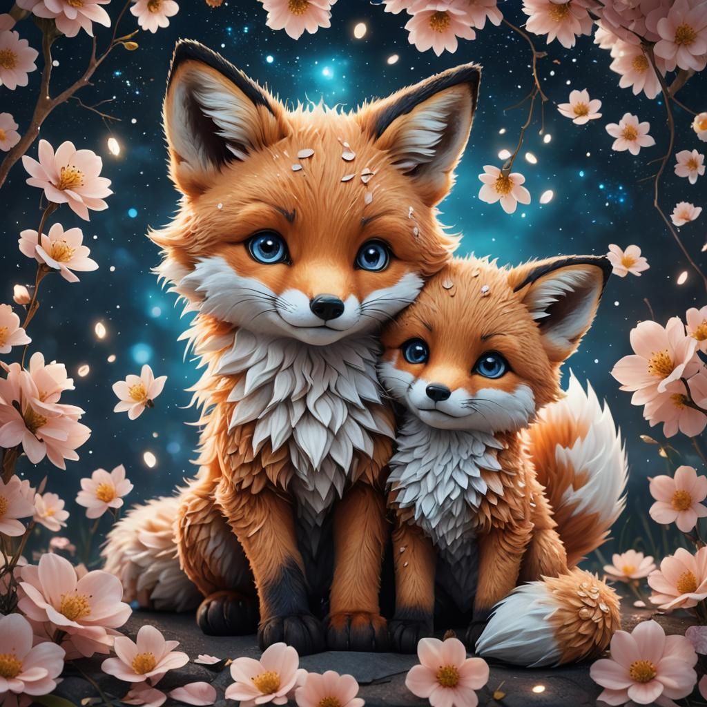 Fox with Plushie in Magical Sakura Forest