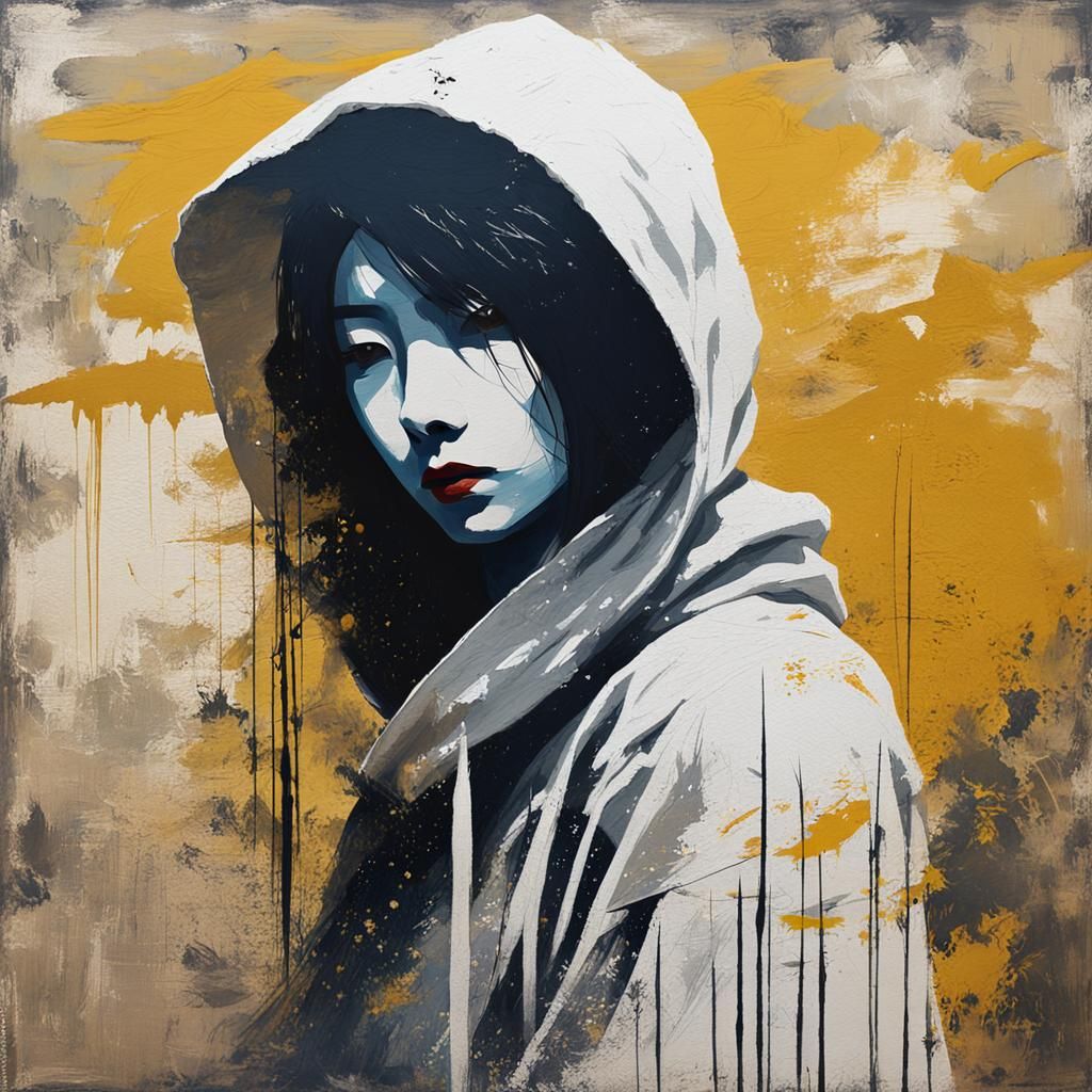 Geisha in Raven Hoodie: Surreal Expressionist Oil Painting