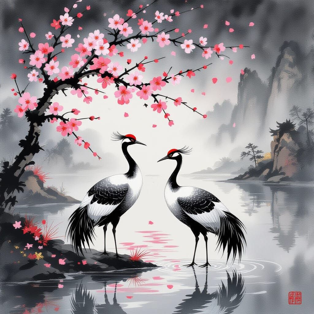 Chinese Landscape with Cranes and Cherry Blossoms