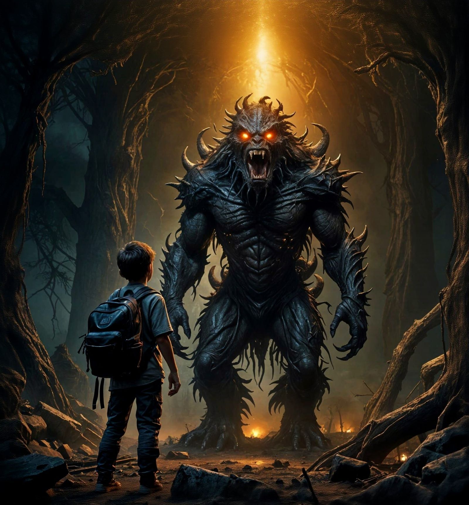 Boy Confronts Monster: Hyperrealistic, Detailed Concept Art