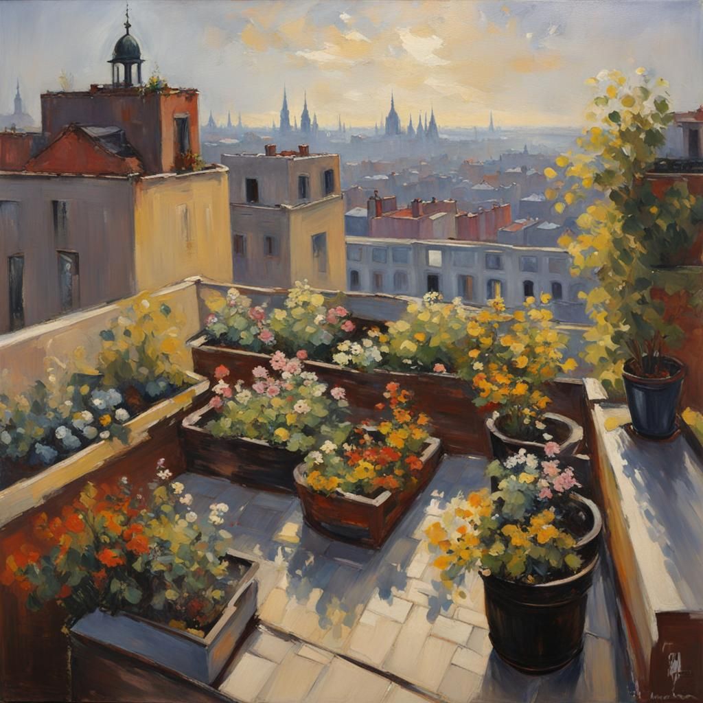 Rooftop Garden in Cityscape: Impressionist Oil Painting