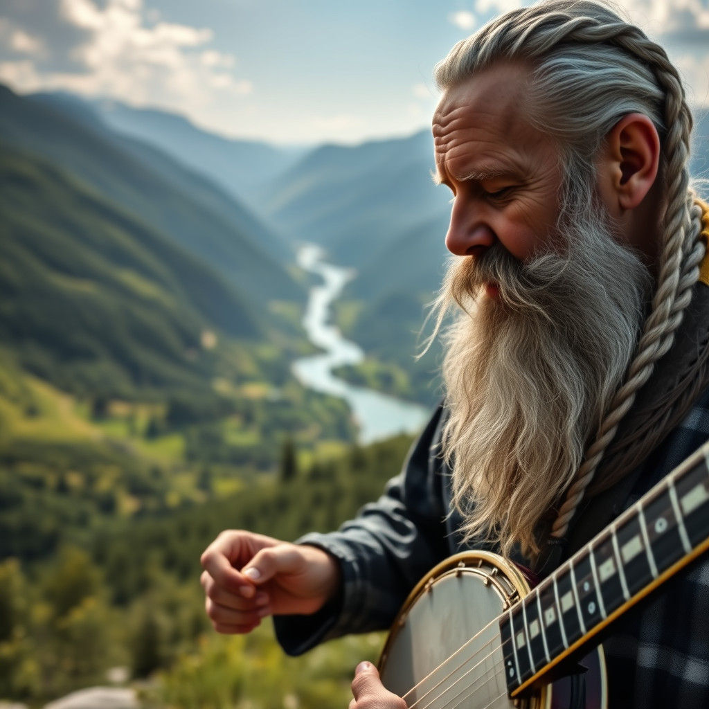 Banjo Player in Mountain Landscape, Hyperrealistic