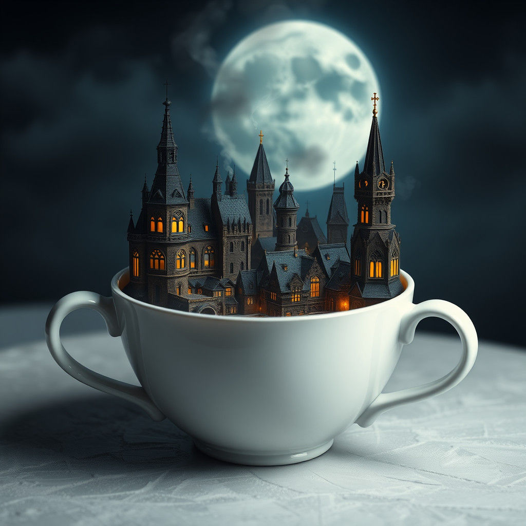 Gothic Town Reflected in Coffee Cup