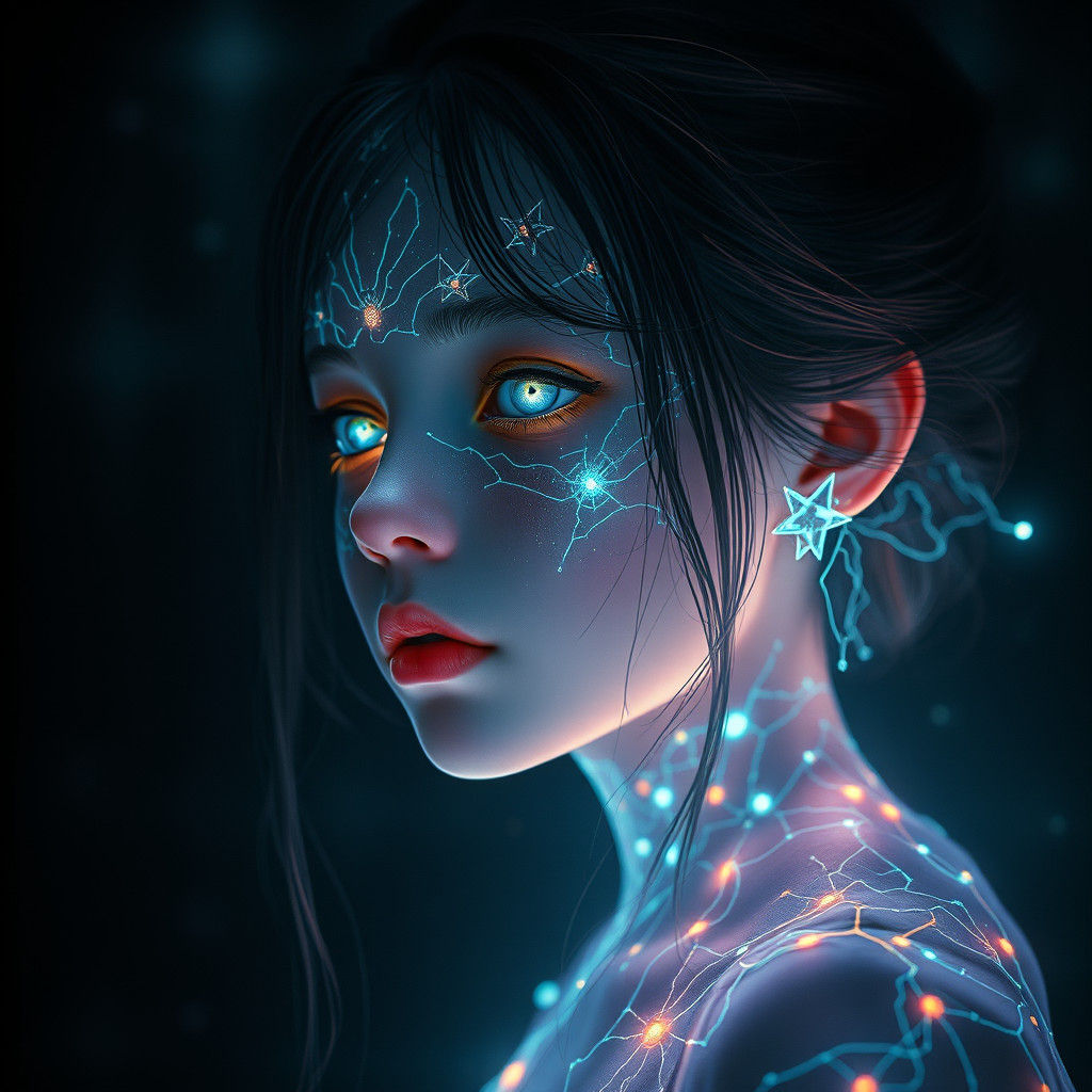 Bioluminescent Girl Radiating Ethereal Glow in the Dark
