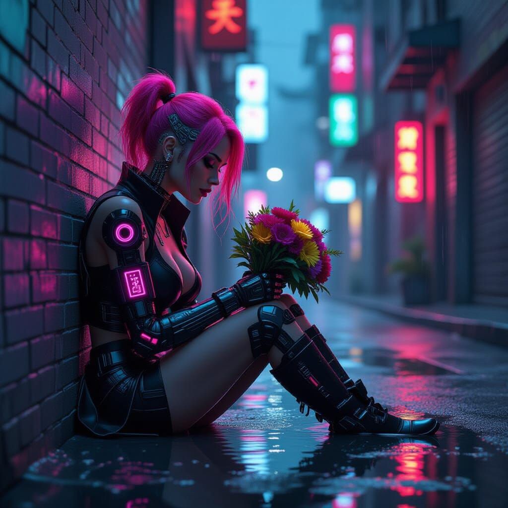 Cyberpunk Woman in Rainy Alley Holding Digital Flowers