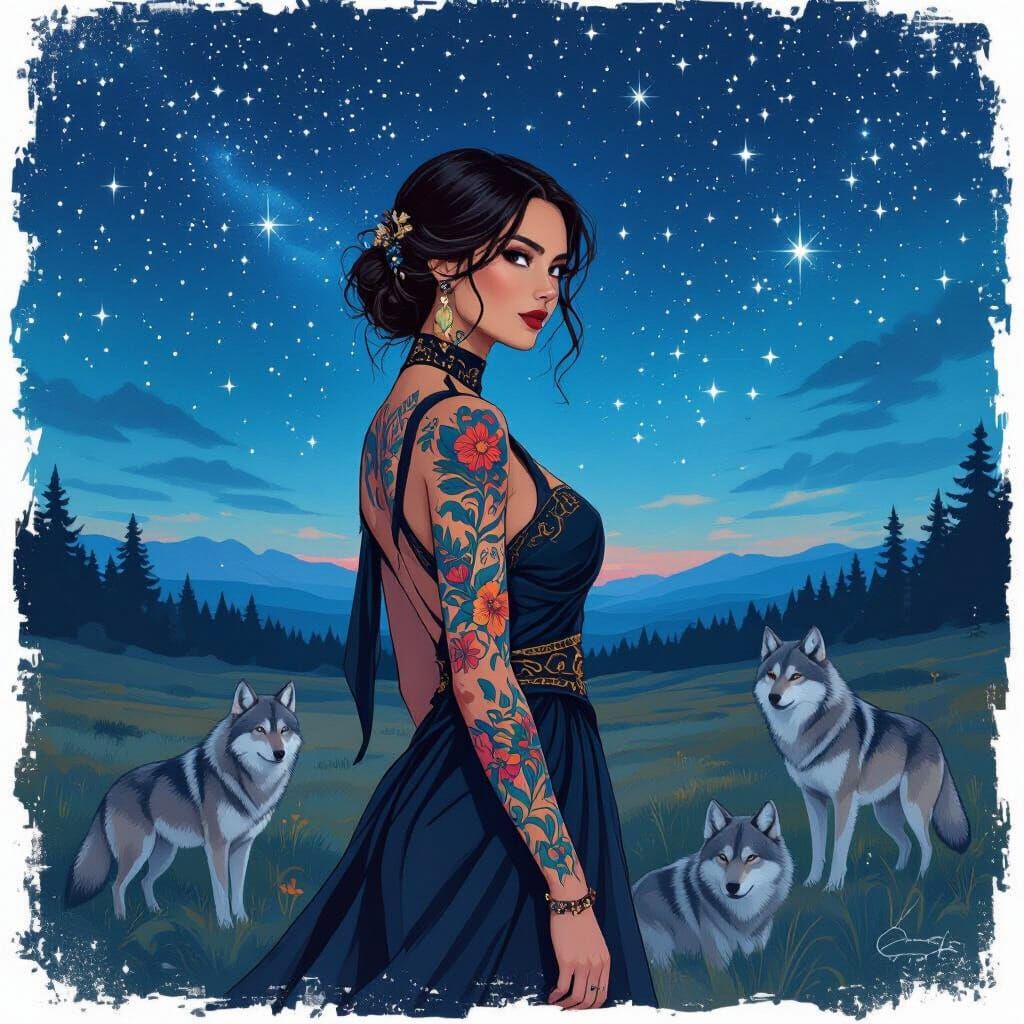 Woman with Nature Tattoos Under Starry Sky