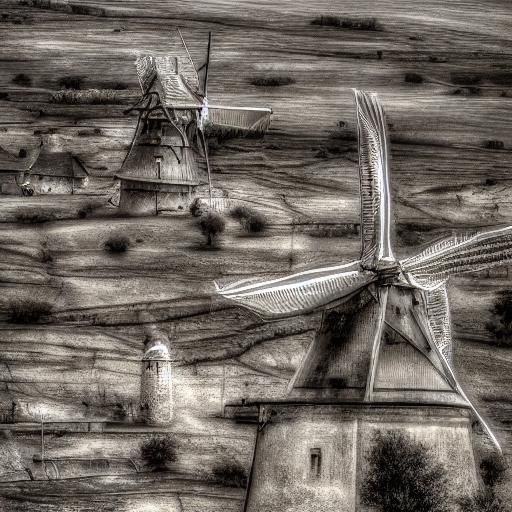 Hyperrealistic Don Quixote and La Mancha Windmills