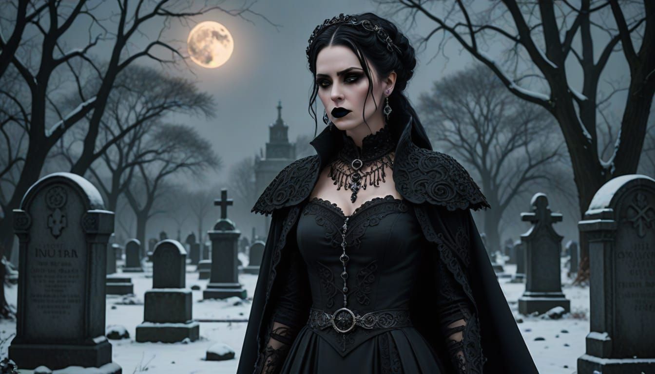 Gothic Punk Woman in Graveyard with Art Deco Elements