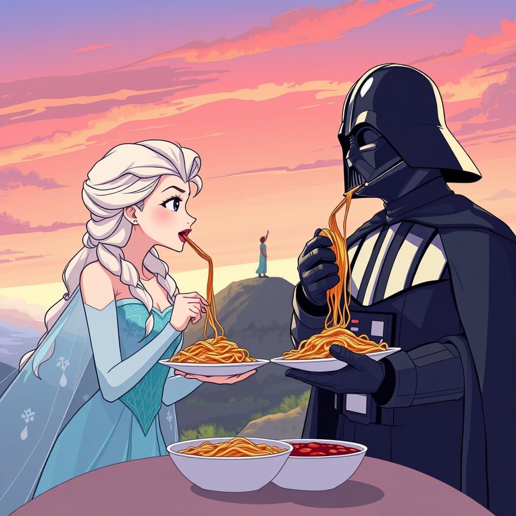 Epic Anime Spaghetti Duel: Darth Vader Meets Princess Elsa