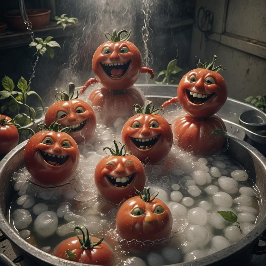 Sinister Tomatoes Relaxing in Boiling Water