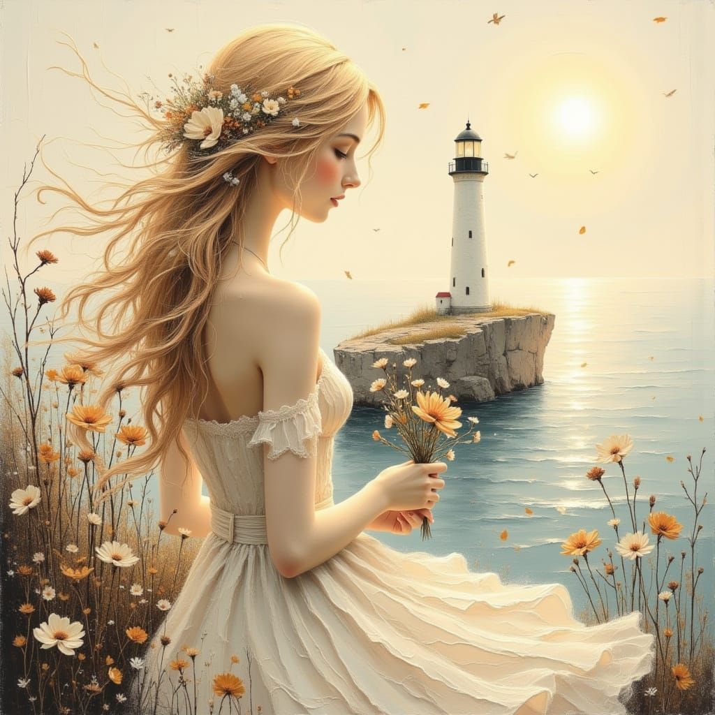 Ethereal Woman by Lighthouse at Sunset, Pastel Tones