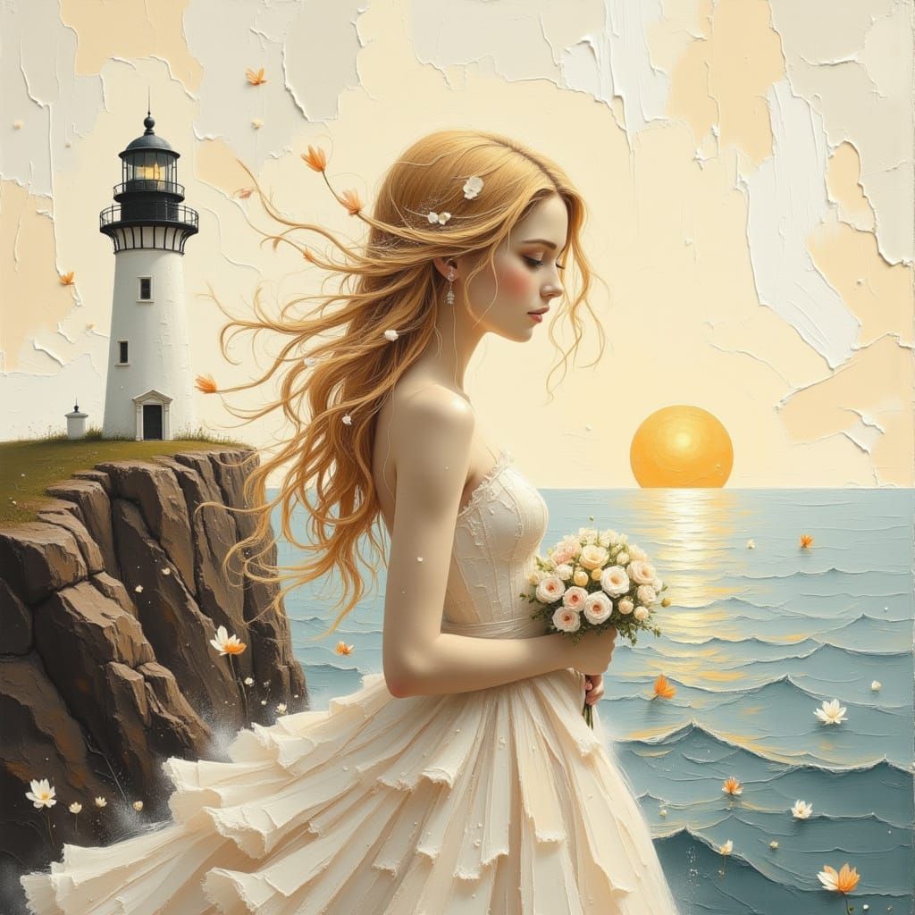 Ethereal Woman by Lighthouse at Sunset, Soft Pastel Drawing