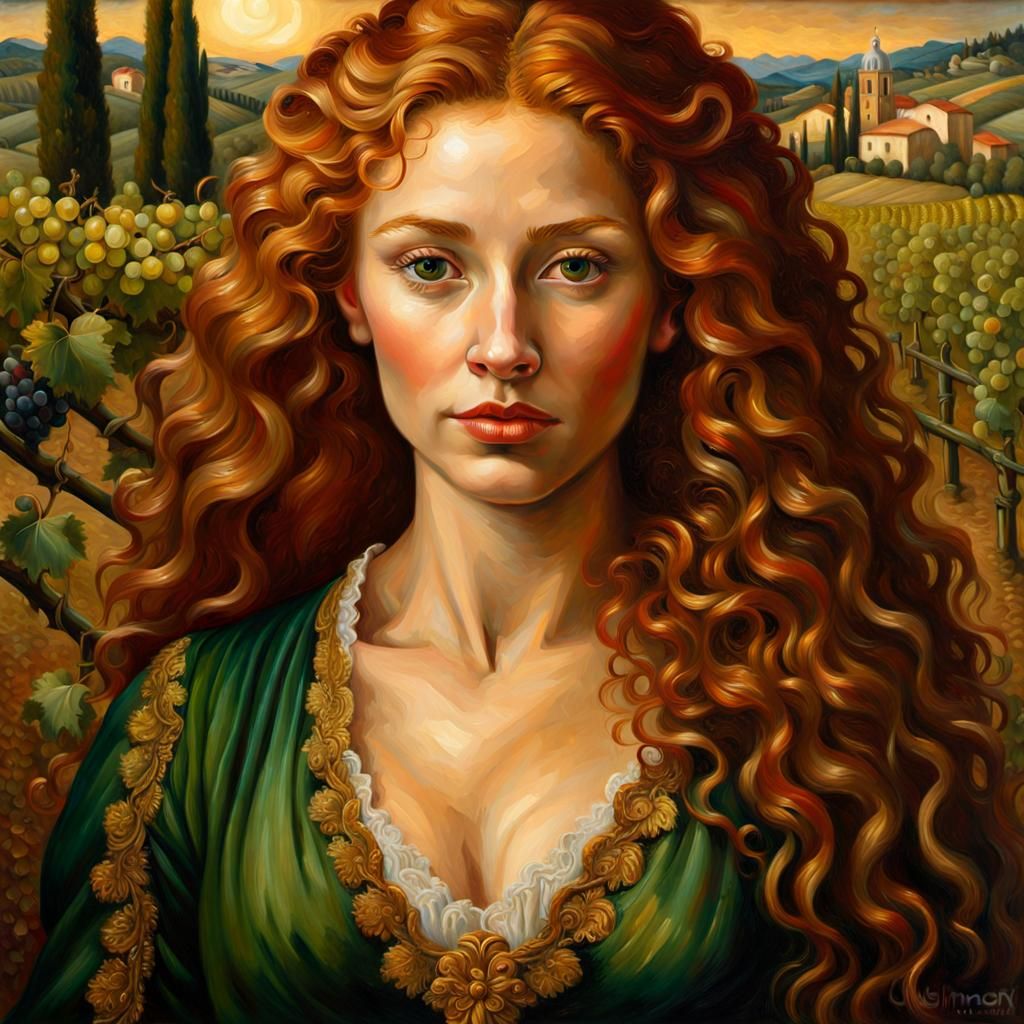 Baroque Portrait of Redhead in Vineyard