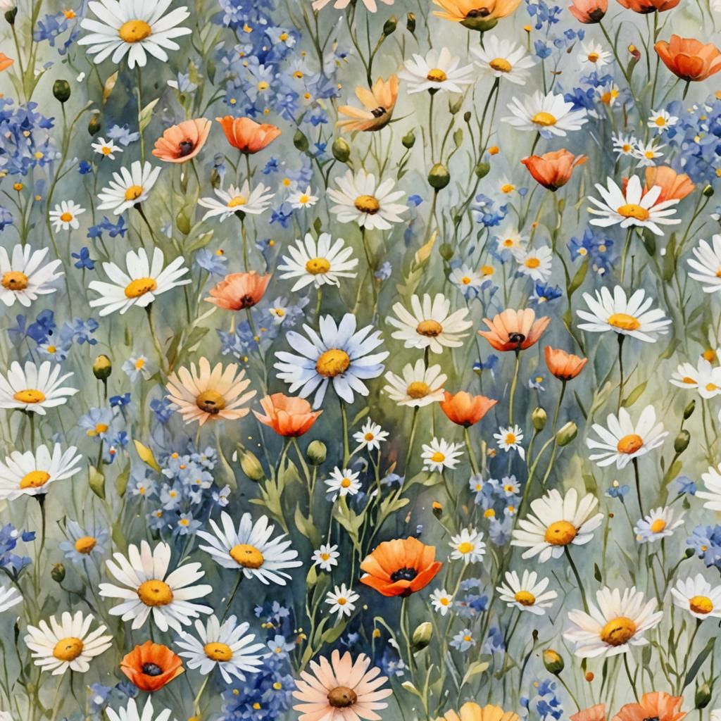 Impressionist Watercolor Floral Pattern with Wildflowers