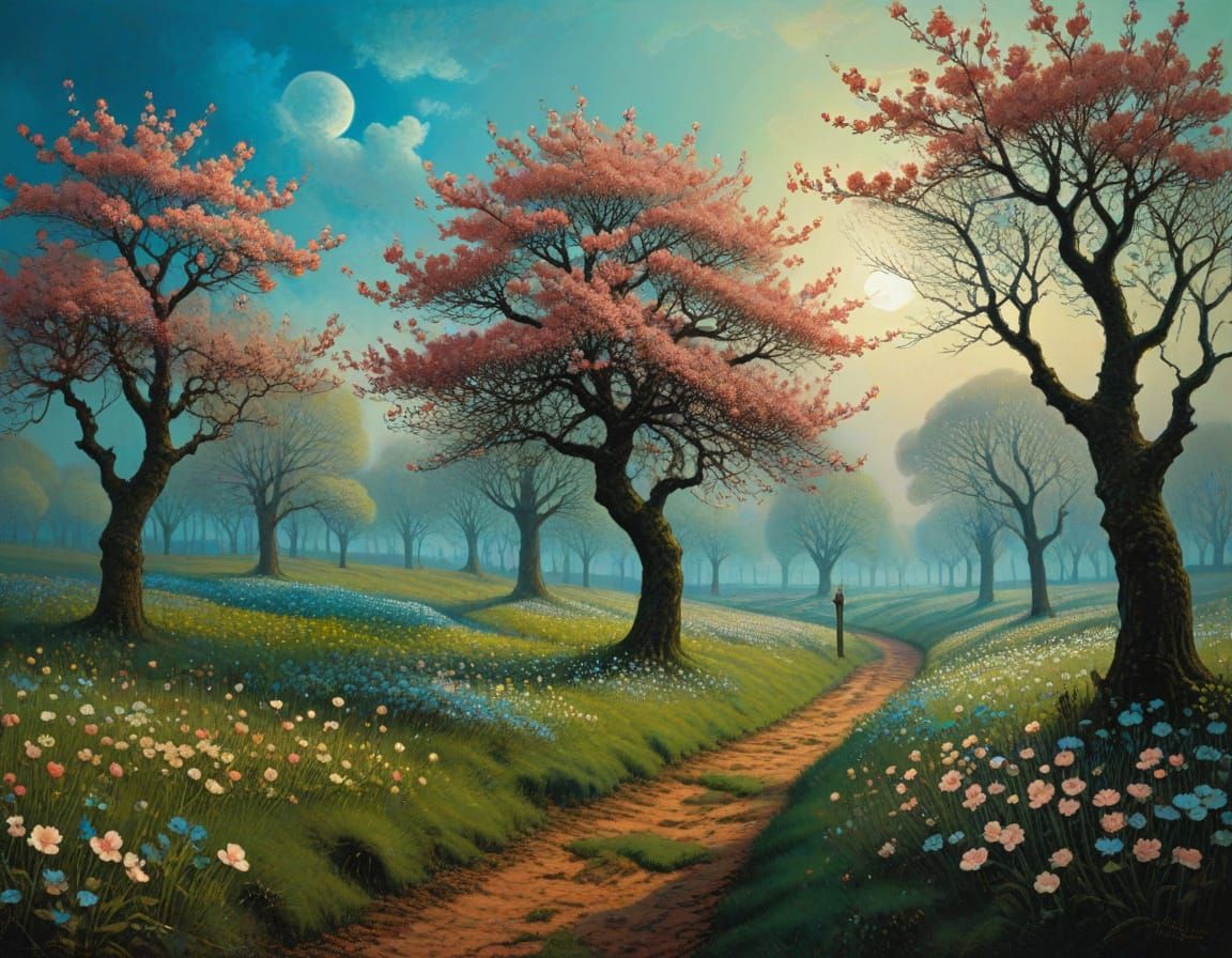 Surrealist Apple Blossom Garden in Vibrant Colors