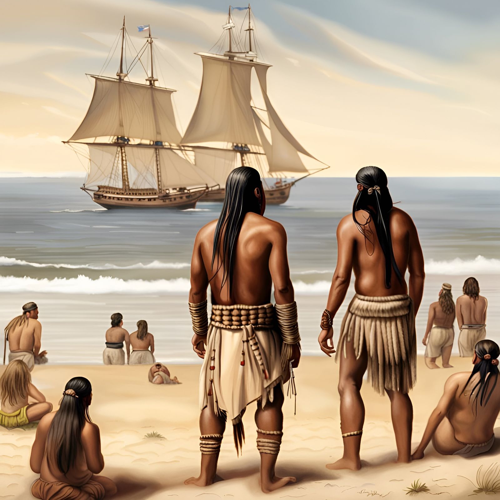 Native Americans Watch Approaching Ships: Realistic Scene