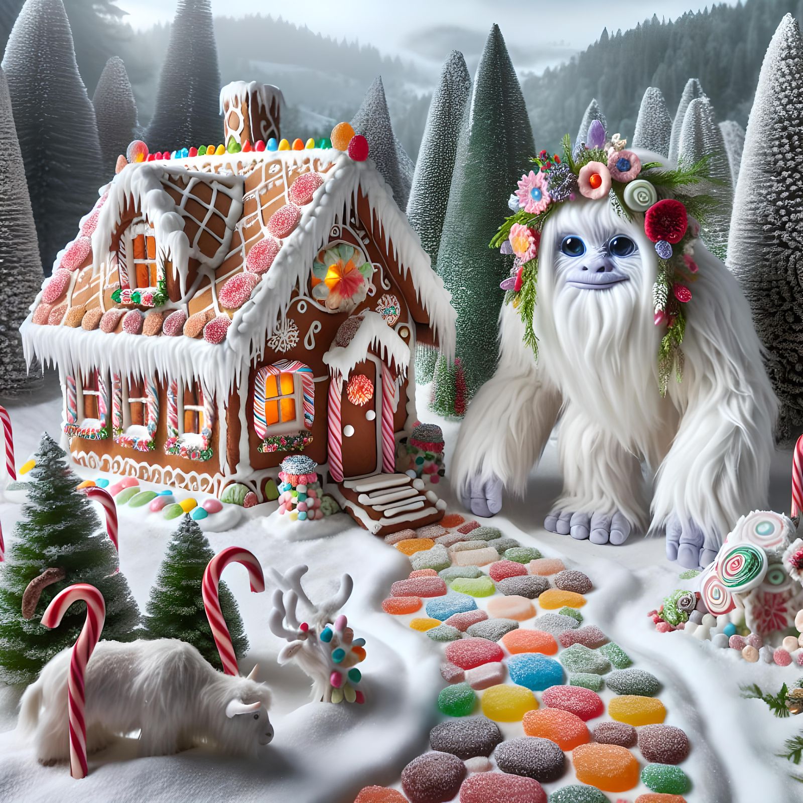 Gingerbread House in Winter Wonderland with Sasquatch