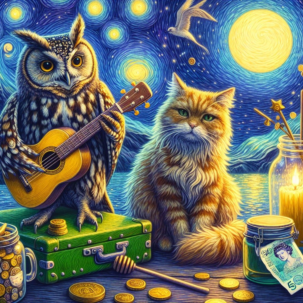 Enchanting Owl and Cat Serenade on a Boat