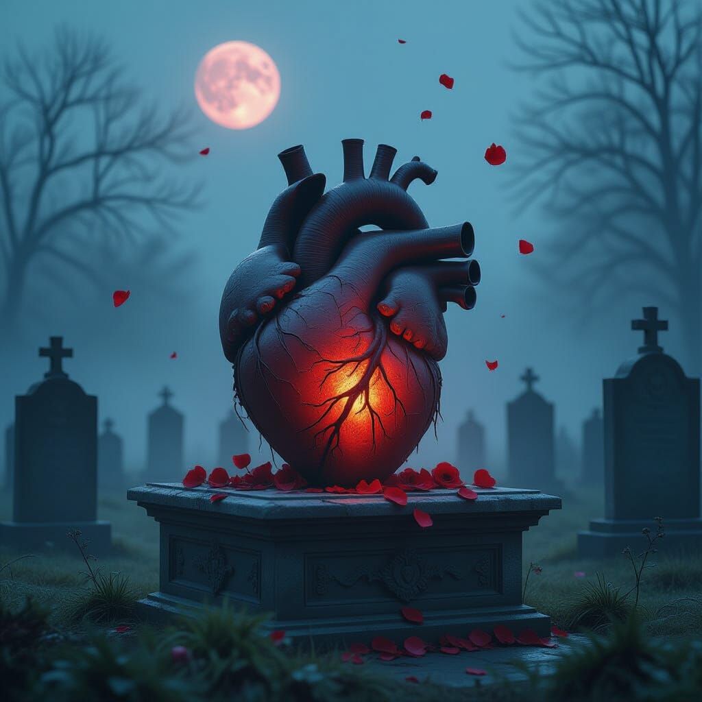 Cracked Porcelain Heart Altar in Foggy Graveyard
