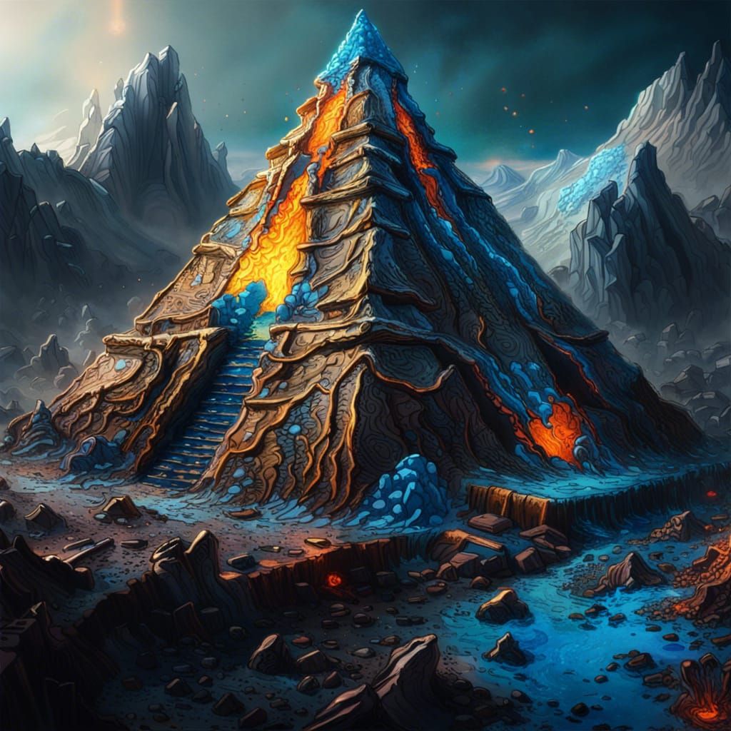 Post-Apocalyptic Gold Pyramid in Icy Blue Lava
