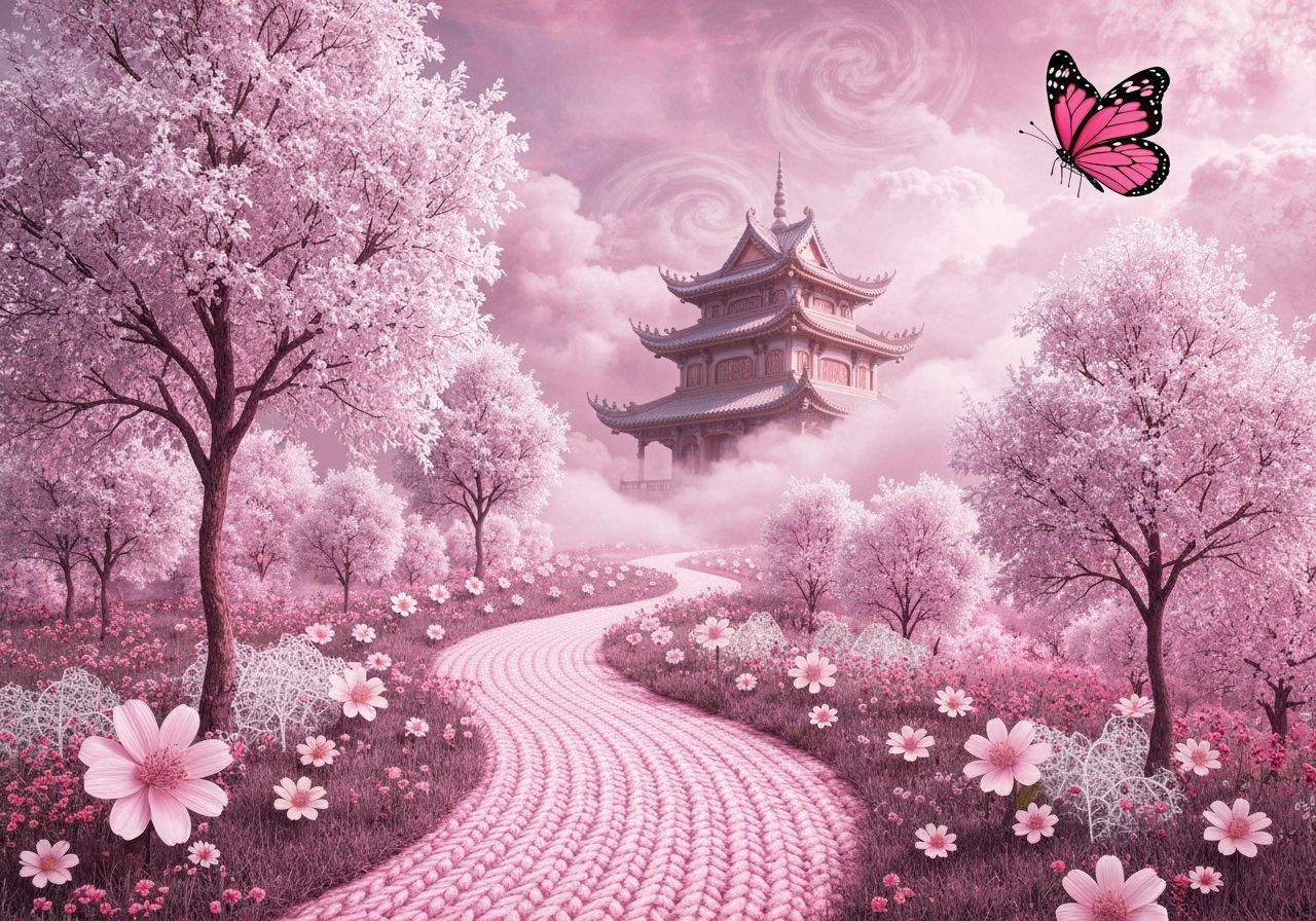 Dreamlike Asian Landscape with Knitted Path